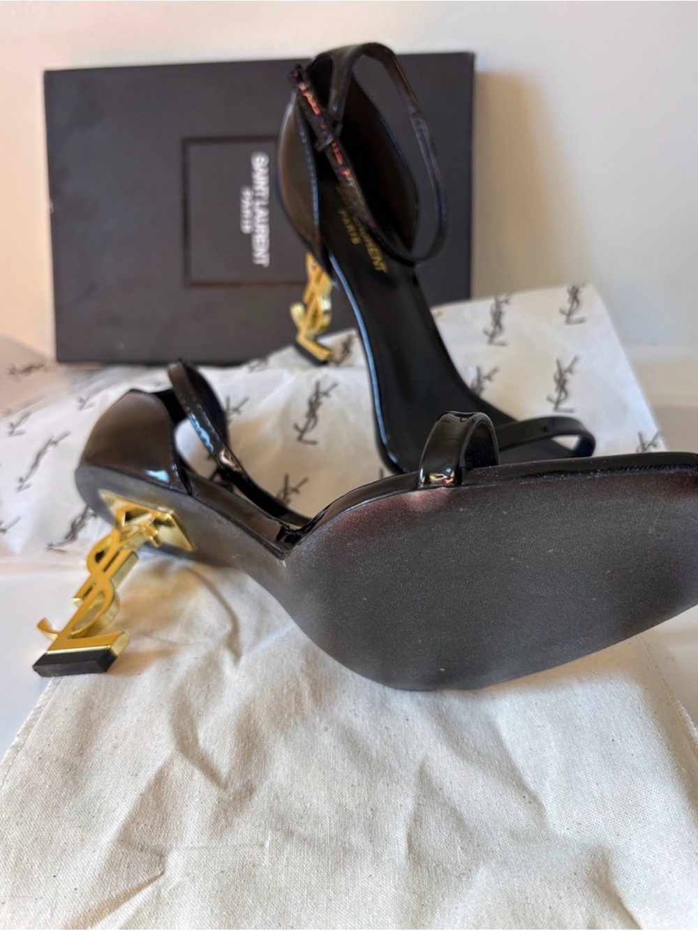 Saint Laurent Black Patent Tribute Sandals with Gold YSL Heel